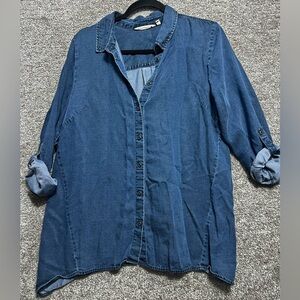 Soft Surroundings Woman’s Tencel Denim Roll Tab Sleeve Button Up Shirt Petite L